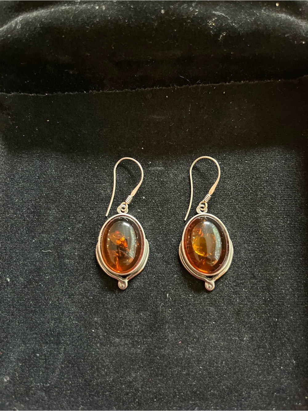 Sterling Amber Oval Drop Earrings - Brown Amber